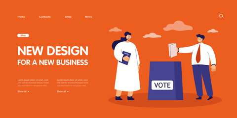 Poster - Voter holding paper voting ballot in hand for election. People standing at vote box flat vector illustration. Democracy, referendum choice concept for banner, website design or landing web page