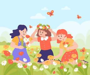 Sticker - Cute cartoon girls picking flowers on lawn or meadow. Kids with beautiful plants outdoors flat vector illustration. Spring, childhood, nature concept for banner, website design or landing web page