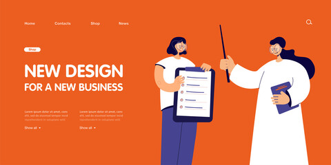 Aufkleber - Teacher next to student holding clipboard with checklist. Professor checking exam or test flat vector illustration. Education, school, university concept for banner, website design or landing web page