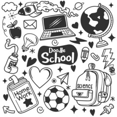 Sticker - Set of funny School background  ,Hand drawn background with school supplies and creative elements. illustration..