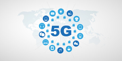 Poster - Blue 5G Network Label with Grey World Map and Circle of Tech Icons - High Speed, Broadband Mobile Telecommunication and Wireless Internet Design, New Cutting Edge Global Mobile Technology Concept