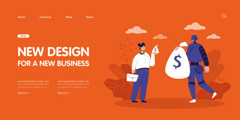 Aufkleber - Robotic character earning more money than female business person. Robot holding big sack of money, sad woman flat vector illustration. Automation, AI, finances concept for banner, website design