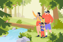Family Watching Birds With Binoculars In Forest. Group Of People Observing Birds In Park Flat Vector Illustration. Nature, Family, Ornithology, Hobby Concept For Banner, Website Design Or Landing Page