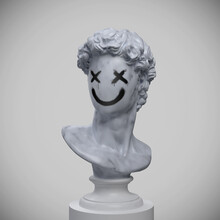 Abstract Concept Illustration Of Faceless Marble Classical Bust On Pedestal With Sprayed Emoticon Style Face From 3d Rendering On Grey Background.