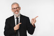 © InsideCreativeHouse - Successful caucasian mature middle-aged businessman ceo boss lawyer teacher freelancer pointing showing copy space free space isolated in white background