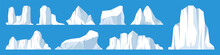 Floating Icebergs Collection. Drifting Arctic Glacier, Block Of Frozen Ocean Water. Icy Mountains With Snow. Melting Ice Peak. Antarctic Snowy Landscape. South And North Pole. Vector Illustration.