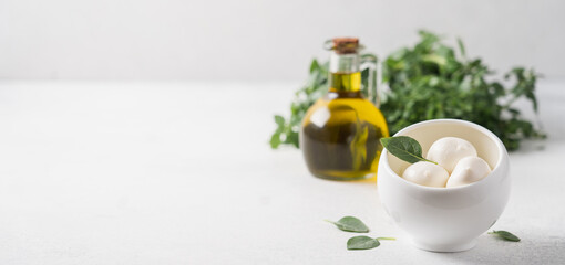 Wall Mural - Soft Italian mozzarella cheese with fresh basil leaves. White background, close up view, copy space