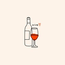 Bottle And Glass Of Sweet Or Dry Wine. Red Or Rose Wine. Wine Text And Heart. Hand Drawn Modern Vector Illustration. Logo, Icon, Menu Design Template