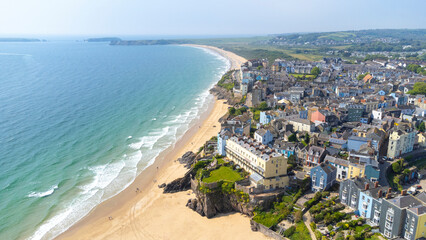 Aerial view of Tenby and Tenby South Beach - Pembrokeshire, Wales, UK