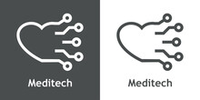 Tecnología De La Salud. Logotipo Con Texto Meditech Con Corazón Con Forma De Circuito Digital Con Líneas En Fondo Gris Y Fondo Blanco