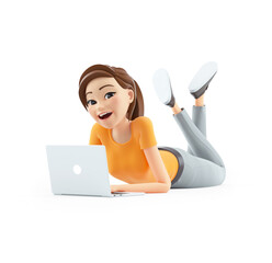 3d woman working on laptop and lying down on floor
