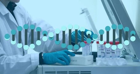 Poster - dna structure spinning against mid section of male scientist putting test tubes in a machine