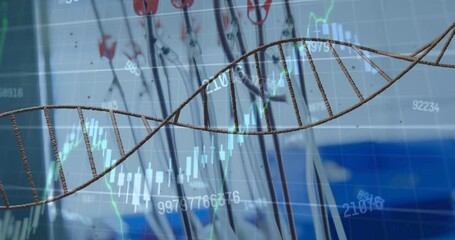 Poster - Dna structure spinning and financial data processing against close up of laboratory equipment
