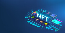 NFT Non-fungible Tokens In Crypto Art And Cards. Digital Pixel Art Isometric. ERC20. NFT Token With Information From The Blockchain. 3D Cryptocurrency Non-fungible Tokens. Blue Vector Illustration