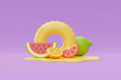 Summer time concept with inflatable ring and colorful summer fruits on purple background, , 3d rendering.