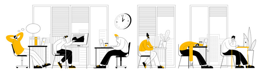 Aufkleber - The characters are sitting at desks in an office among flowers and working at computers. Vector illustration in the style of outline on the topic of computer work and workspace.