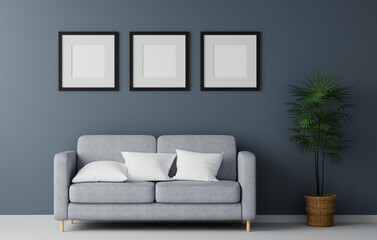 Blank picture frame mockup in modern interior living room, minimal style. 3D rener illustration.