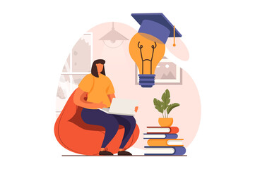 Fototapete - Distant learning web concept in flat design. Woman student studying and doing homework on laptop, training, reading textbooks. Online education and e-learning. Illustration with people scene