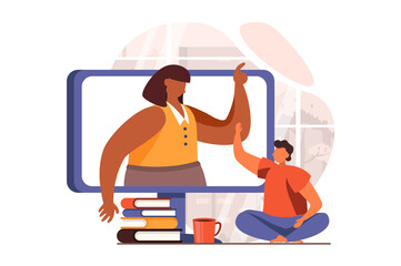 Wall Mural - Distant learning web concept in flat design. Pupil listens to teacher at lesson, studies on computer and watches webinars. Online education and e-learning. Illustration with people scene