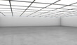 White open space empty hall with black wall, concrete floor and light on top. 3D rendering Mockup.