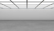 White open space empty hall with black wall, concrete floor and light on top. 3D rendering Mockup.