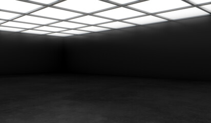 Wall Mural - Modern empty hall room or open space with concrete floor, black wall and lights on top. 3D rendering Mockup.