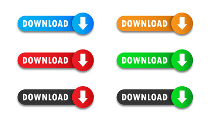 Download button set. Colorful badges with text, arrows, and shadows. Flat vector illustration.