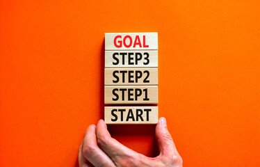 Wall Mural - Strat, step and goal symbol. Concept words Start step 1 2 3 goal on wooden blocks on a beautiful orange table orange background. Businessman hand. Business start step 1 2 3 to goal concept.