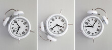 Collage Of White Alarm Clock On The Gray Background.  Top View. Closeup.