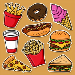 sticker set fast food cartoon vector