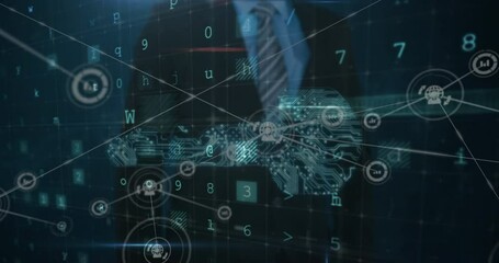 Poster - Animation of digital interface and network of connections over businessman