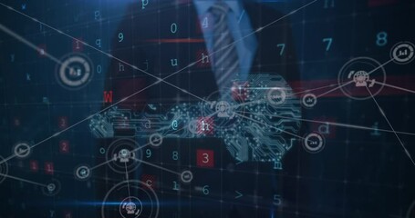 Poster - Animation of digital interface and network of connections over businessman