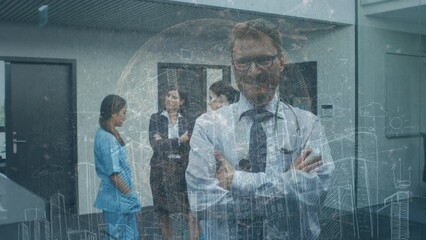 Poster - Animation of digital data interface over group of diverse doctors