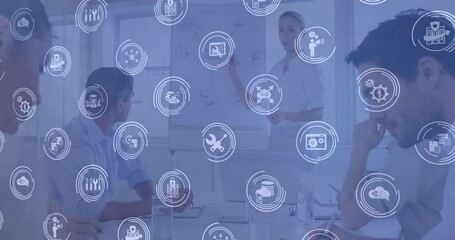 Poster - Video of technology icons over blue background with diverse businesspeople talking in office