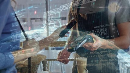 Poster - Animation of data processing, globe and 5g over caucasian people using contactless payments