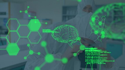 Poster - Animation of science data processing over two scientists wearing safety uniform in laboratory