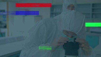 Poster - Animation of science data processing over two scientists wearing safety uniform in laboratory