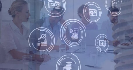Poster - Video of technology icons over blue background with diverse businesspeople talking in office