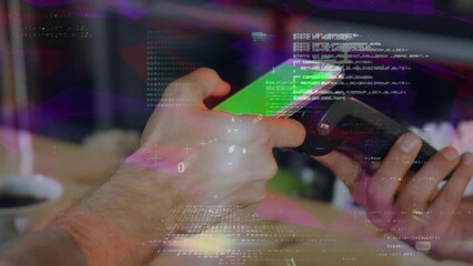 Poster - Animation of data processing over hands of caucasian man paying with smartphone with copy space