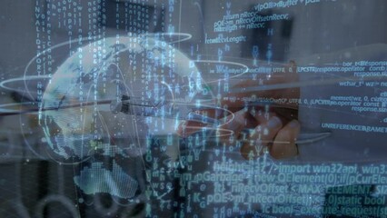 Poster - Animation of data processing and globe over hands of caucasian male doctor