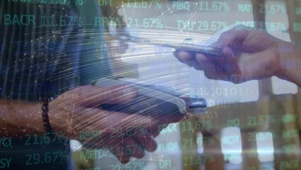 Poster - Animation of data processing over hands of caucasian woman and man using payment terminal