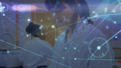Poster - Animation of network of connections over asian female lab worker