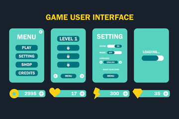 Fototapete - Mobile game graphical user Interface GUI. Design, buttons and icons. Vector illustration,  GUI Game users interface design with blue and yellow color theme, Menu, Play game, Setting and loading page. 