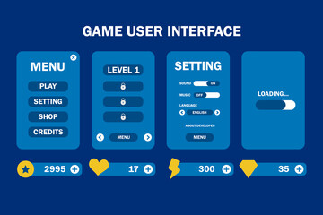 Fototapete - Mobile game graphical user Interface GUI. Design, buttons and icons. Vector illustration,  GUI Game users interface design with blue and yellow color theme, Menu, Play game, Setting and loading page. 
