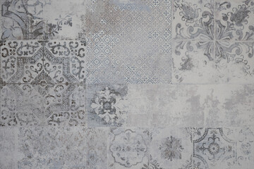 Wall Mural - old gray grey white vintage retro worn geometric arabesque shabby mosaic ornate patchwork motif porc