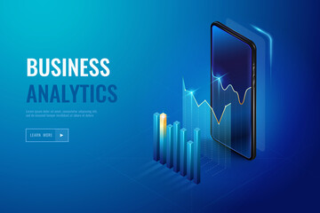 Poster - Realistic mobile phone with business analytics data and charts. Monitoring analysis, visualization data.Infographic with 3d vector phone. Marketing diagrams on smartphone