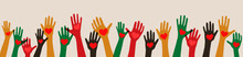 Ethnic Group Of Black African And African American Men And Women Raised Arms With Heart In Hand.  Juneteenth. Diverse People, Racial Equality. Support, Assistance, Charity Donation And Volunteer Work.