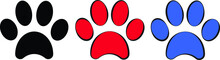 Paw Print In  Black , Red And Blue Colors , Icon Set, Vector Illustration.