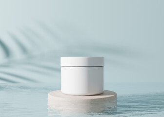 white, blank, unbranded cosmetic cream jar with leaves shadows and water on blue background. skin ca