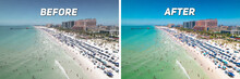 Color Correction Before And After. Before And After Example Of Photo Editing Process, Color Correction, Brightness, Saturation, Exposure And Sharpness. Beach. Panorama Of Clearwater Beach Florida.